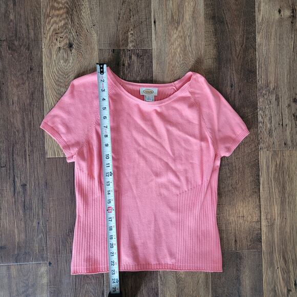 Talbots Womens L Short Sleeve Pink Orange Salmon Ribbed Sweater Shirt Summer Top - Picture 4 of 12